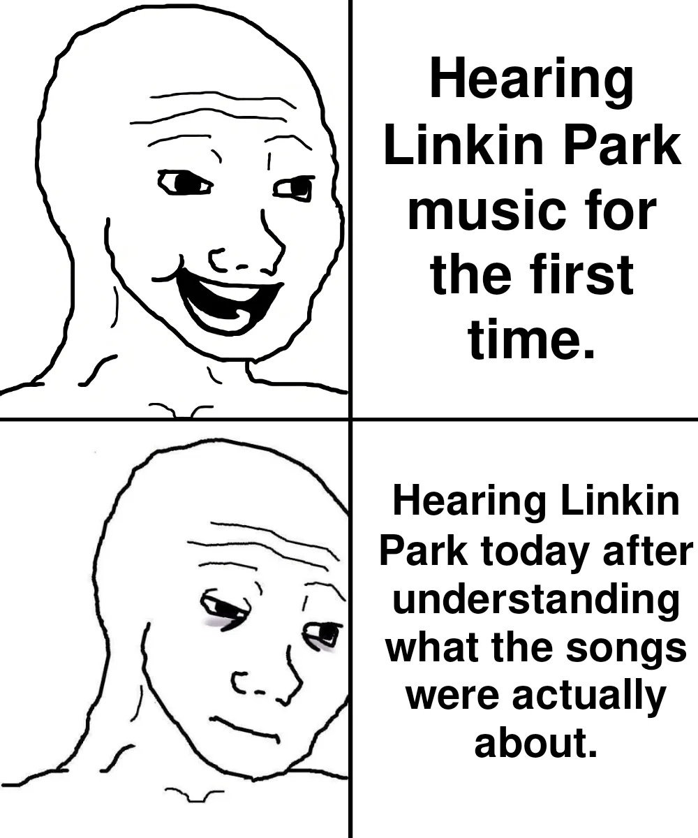Wojak meme illustrating the shift in appreciation for Linkin Park's emotional lyrics with age.