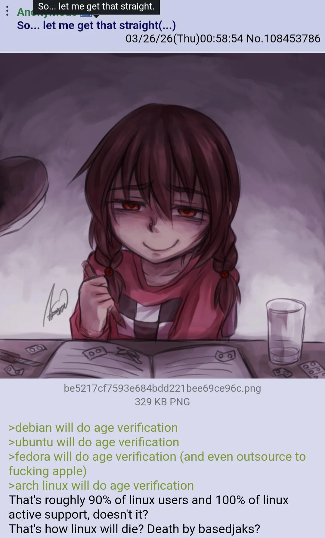 A 4chan discussion about major Linux distributions potentially implementing age verification systems.