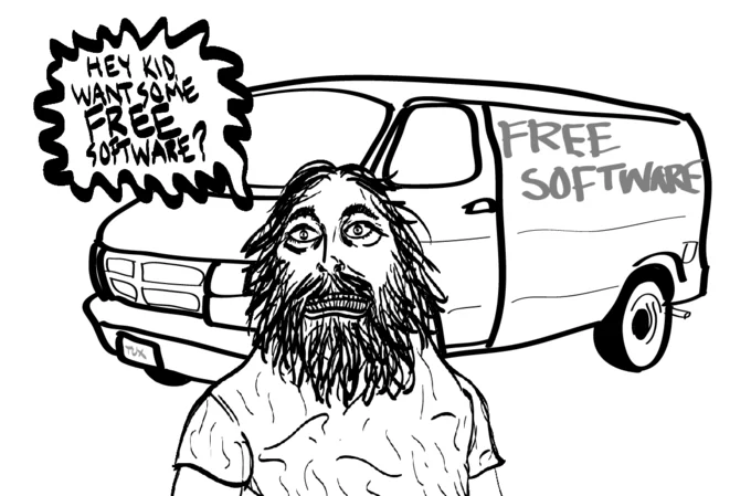 A satirical comic depicting the free software movement's advocacy, referencing Richard Stallman.