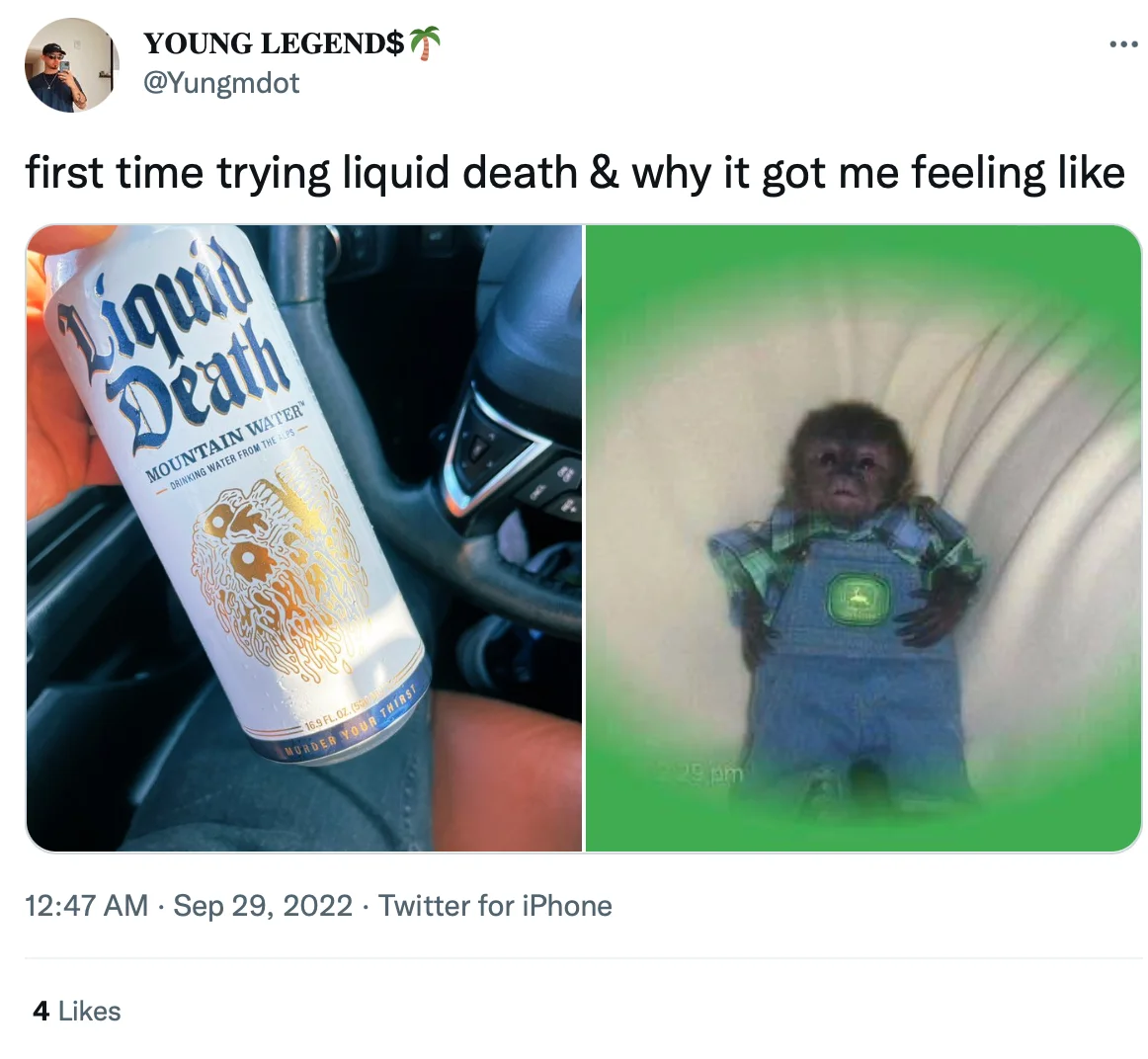 A user's viral reaction tweet pairing their first sip of Liquid Death with a bewildered baby monkey meme.