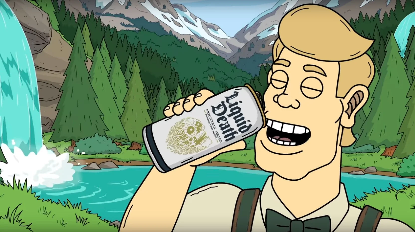 An animated Liquid Death advertisement showing a satisfied consumer enjoying the brand's canned mountain water amid dramatic natural scenery.