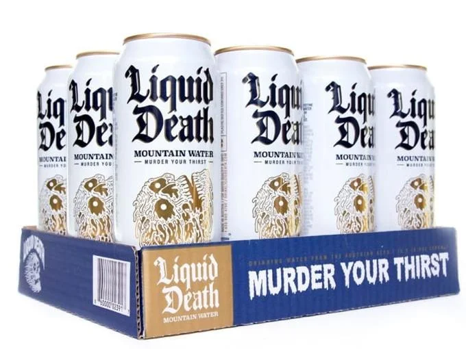 A case of Liquid Death Mountain Water tallboys, showcasing the brand's beer-can-inspired packaging designed to stand out on shelves.