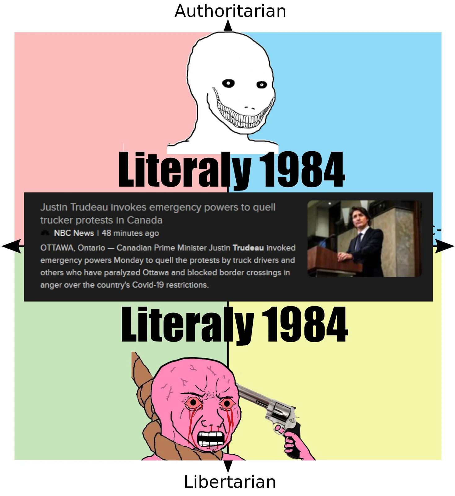 Political spectrum meme about 1984 references.