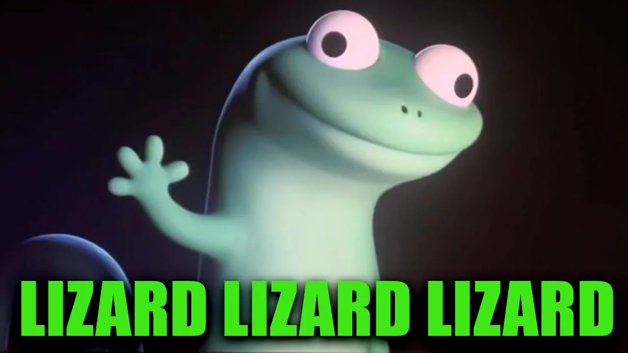 The friendly green lizard from the post-credit scene of Pixar's Elio, captioned with the viral 'LIZARD LIZARD LIZARD' chant that inspired the meme.