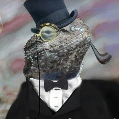 The signature 'gentleman lizard' avatar used by the Lizard Squad hacker collective on social media.