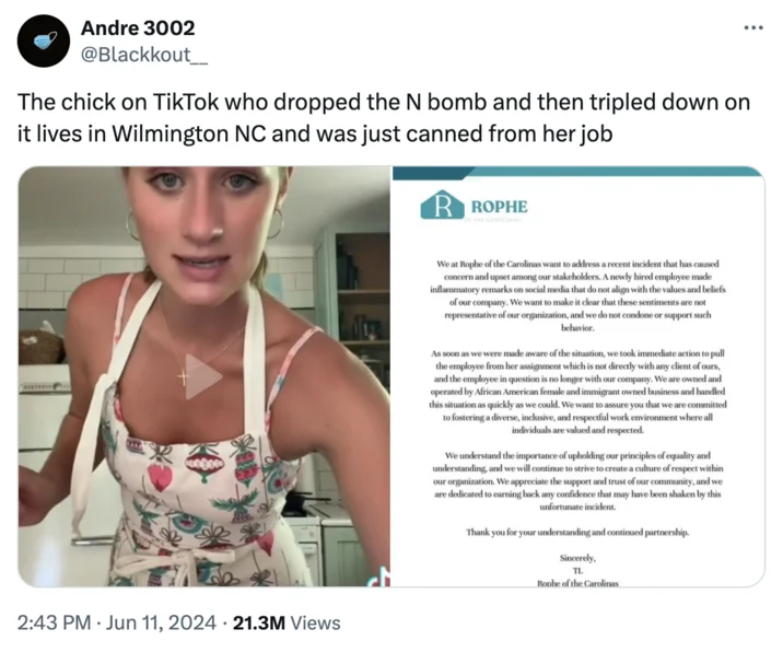 A widely-shared Twitter/X post revealing Lilly's identification and firing, which reached 21.3 million views.