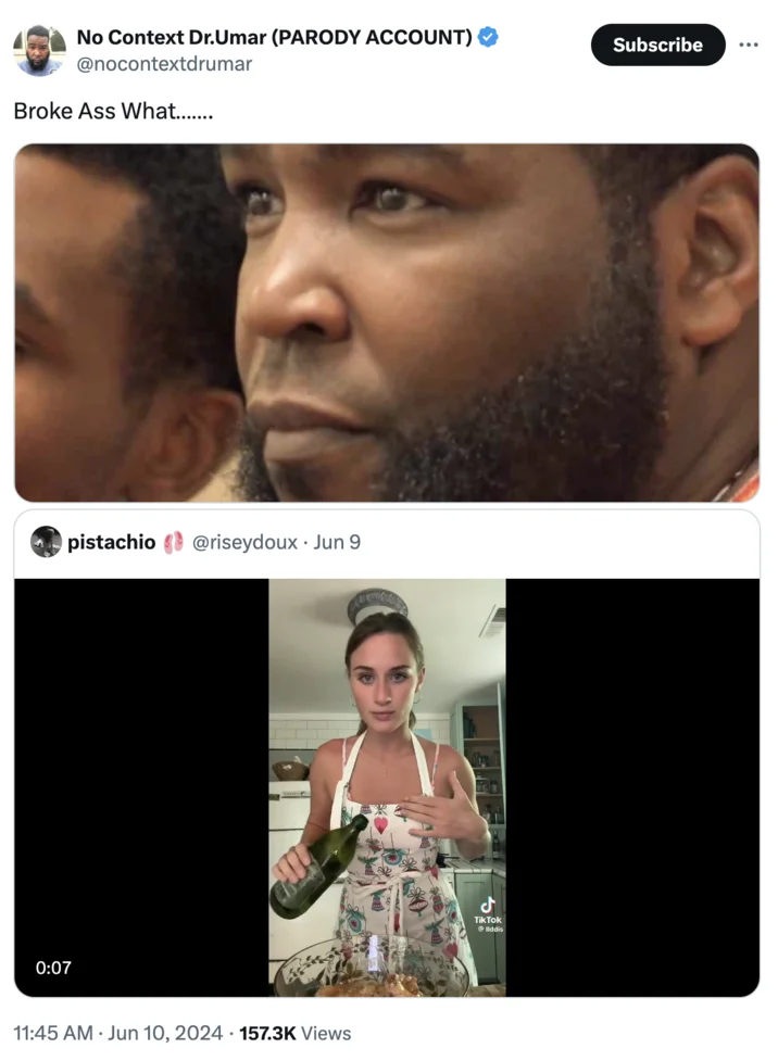 A parody Dr. Umar Johnson account reacting incredulously to Lilly's 'broke ass' remarks.
