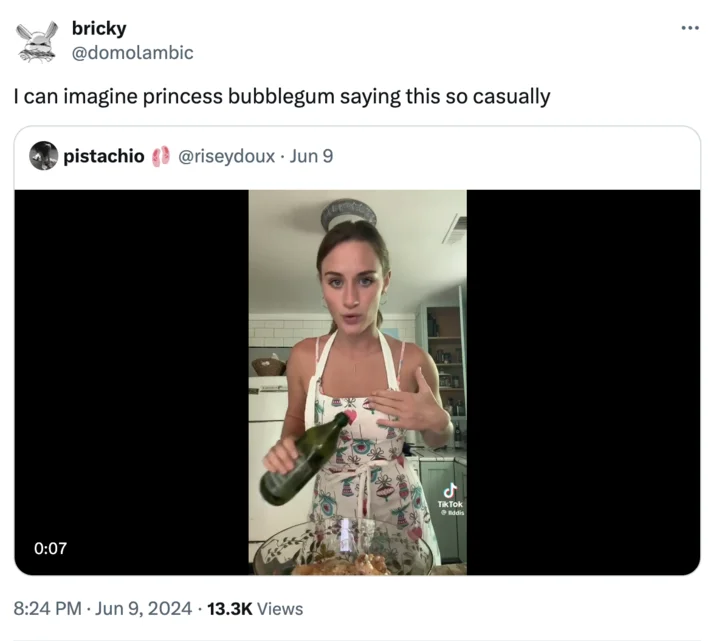 A humorous Twitter reaction comparing Lilly's demeanor in the TikTok to the cartoon character Princess Bubblegum.