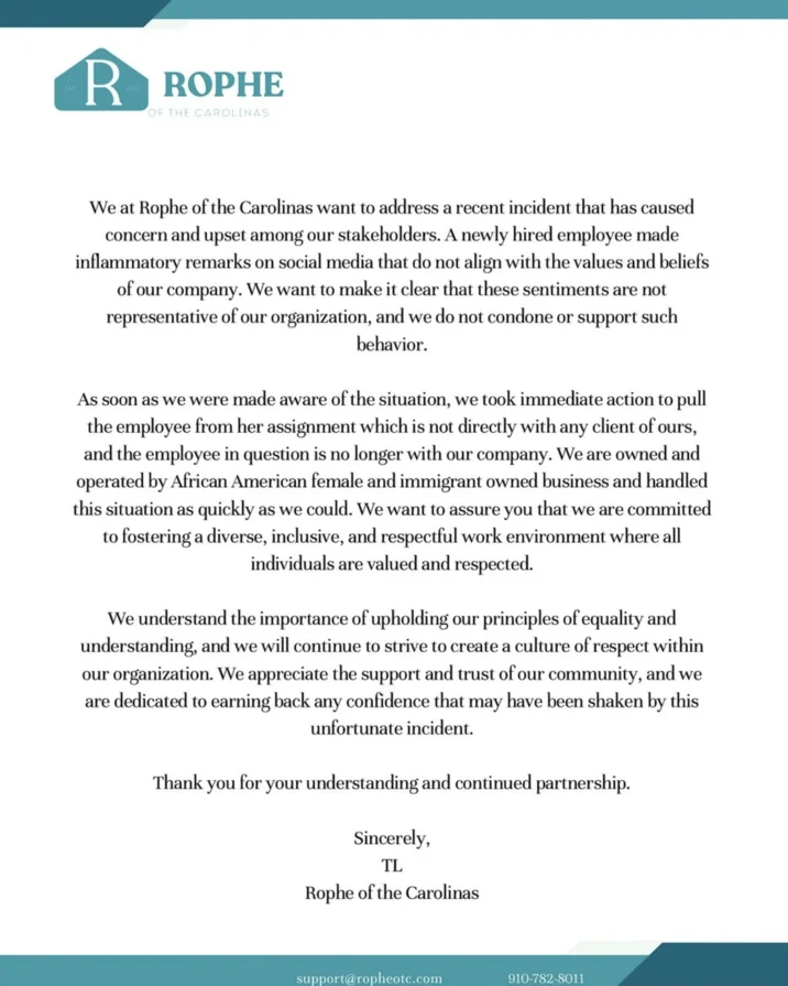 The official statement from Rophe of the Carolinas announcing Lilly's firing following the viral controversy.