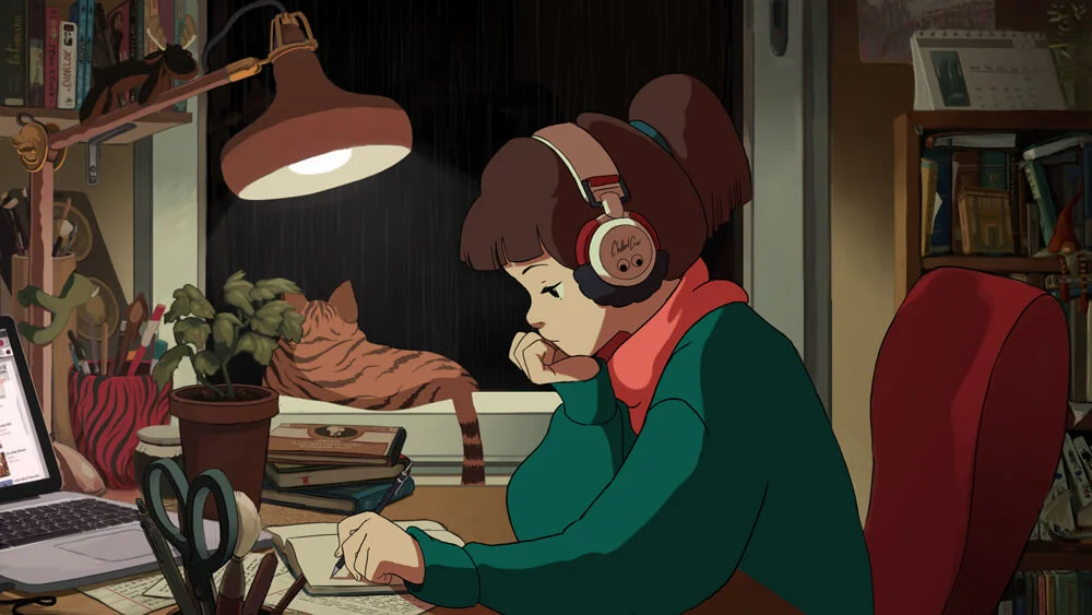 The iconic Lofi Girl artwork from ChilledCow's 'lofi hip hop radio - beats to relax/study to' YouTube livestream.