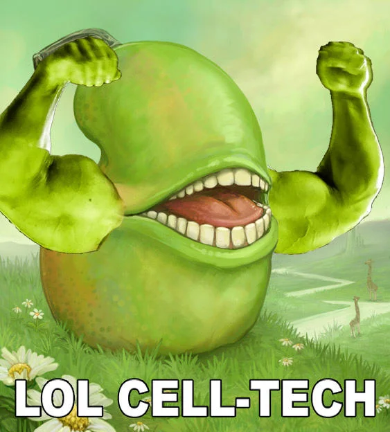 A remix of the lolwut pear parodying Cell-Tech supplement advertisements, showing how the meme was adapted to new contexts.