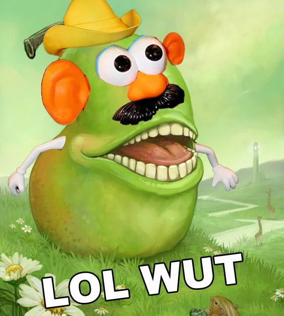 A playful remix dressing the lolwut pear in Mr. Potato Head parts, one of many creative reinterpretations of the meme.