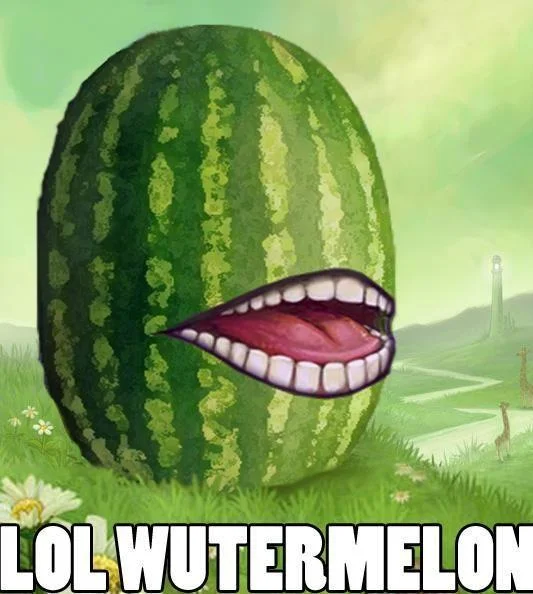 The 'LOL WUTERMELON' variant swaps the pear for a watermelon while keeping the meme's signature grin.