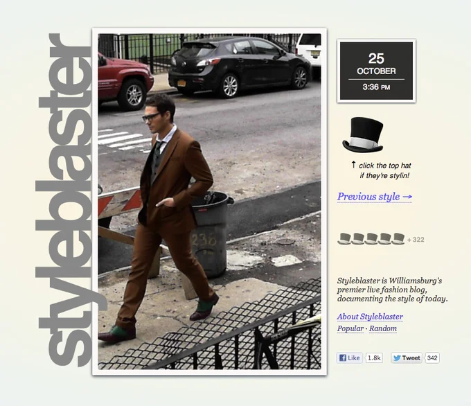 A screenshot of Styleblaster, a Williamsburg live fashion blog documenting hipster style in real time.
