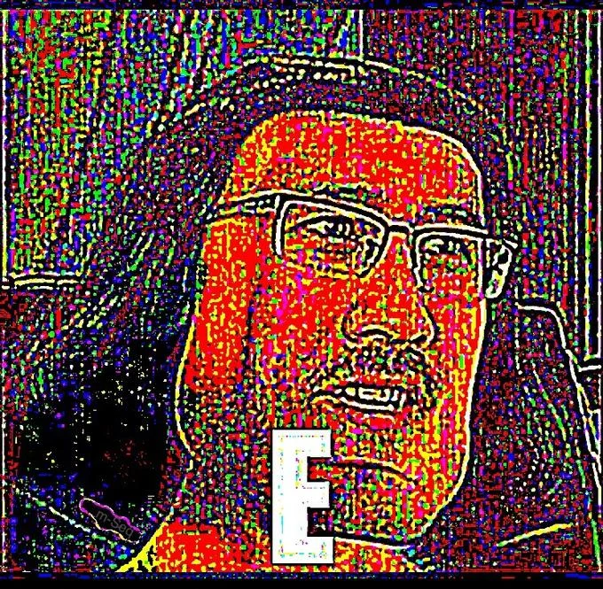 A maximally deep-fried variant of the 'E' meme, with the image pushed to extreme color saturation and compression artifacts.