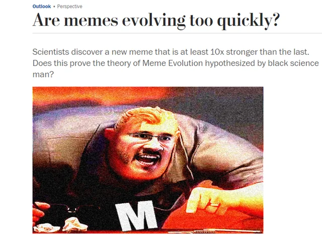 A satirical op-ed screenshot joking about meme evolution, using the 'M' variant of the Farquaad-Markiplier meme as its illustration.