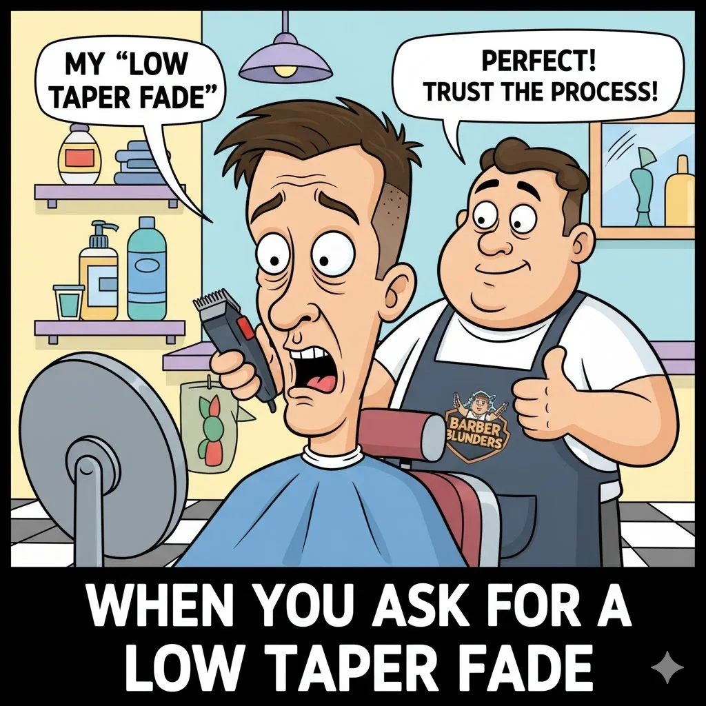 Cartoon meme about getting a low taper fade.
