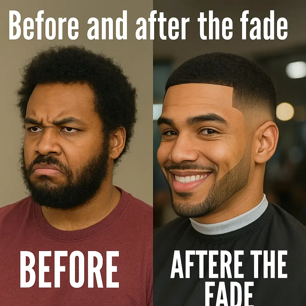 Before and after low taper fade transformation.
