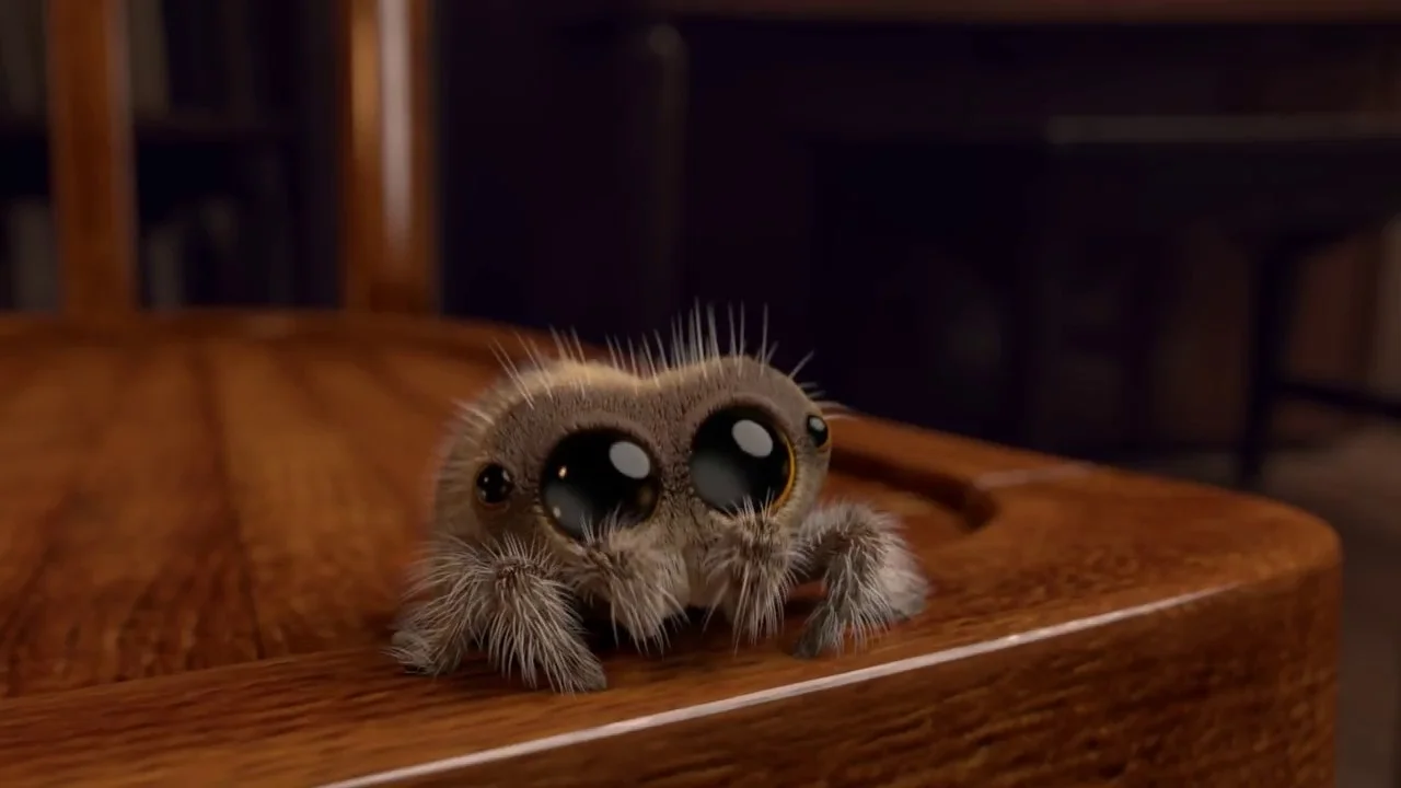 Lucas the Spider, the animated CGI jumping spider created by Joshua Slice, in a still from the original short film series.