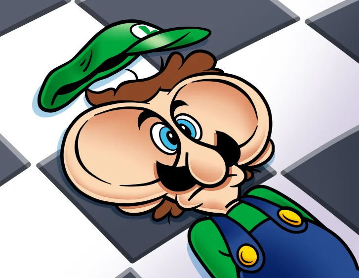 Fan artwork of Luigi in a comically defeated pose, cap askew on a black-and-white checkered floor.