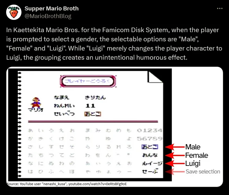 A viral post highlighting how Kaettekita Mario Bros. lists 'Luigi' as a gender option alongside Male and Female.