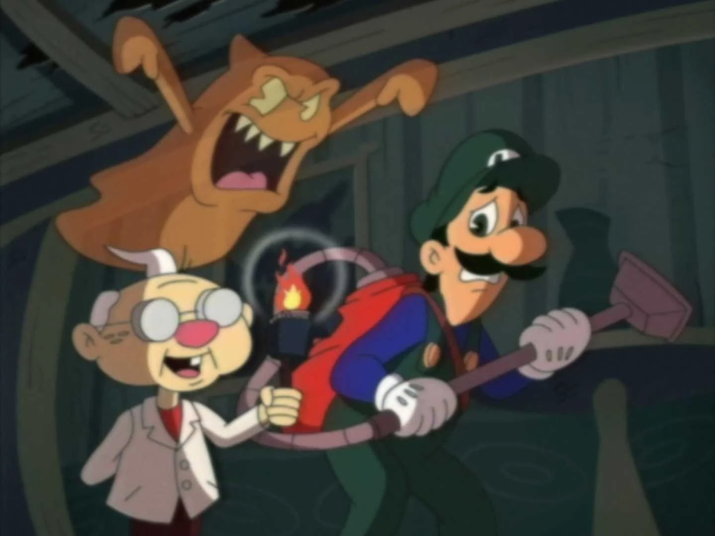 An animated depiction of Luigi as a ghost hunter alongside Professor E. Gadd from a Luigi's Mansion-themed short.