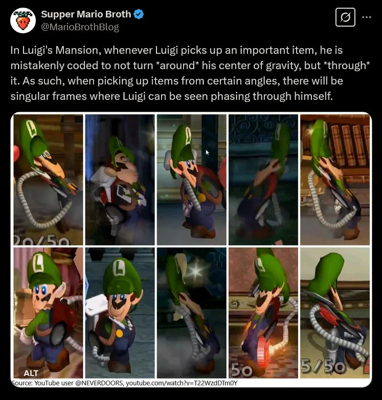 A Supper Mario Broth post documenting a peculiar Luigi's Mansion animation glitch where Luigi phases through his own body.