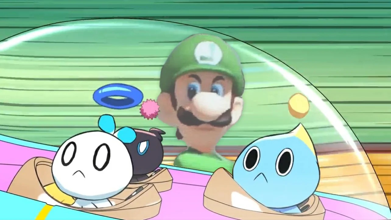 An anime cameo featuring Luigi's face used as an intimidating on-screen presence — a nod to the death-stare motif.