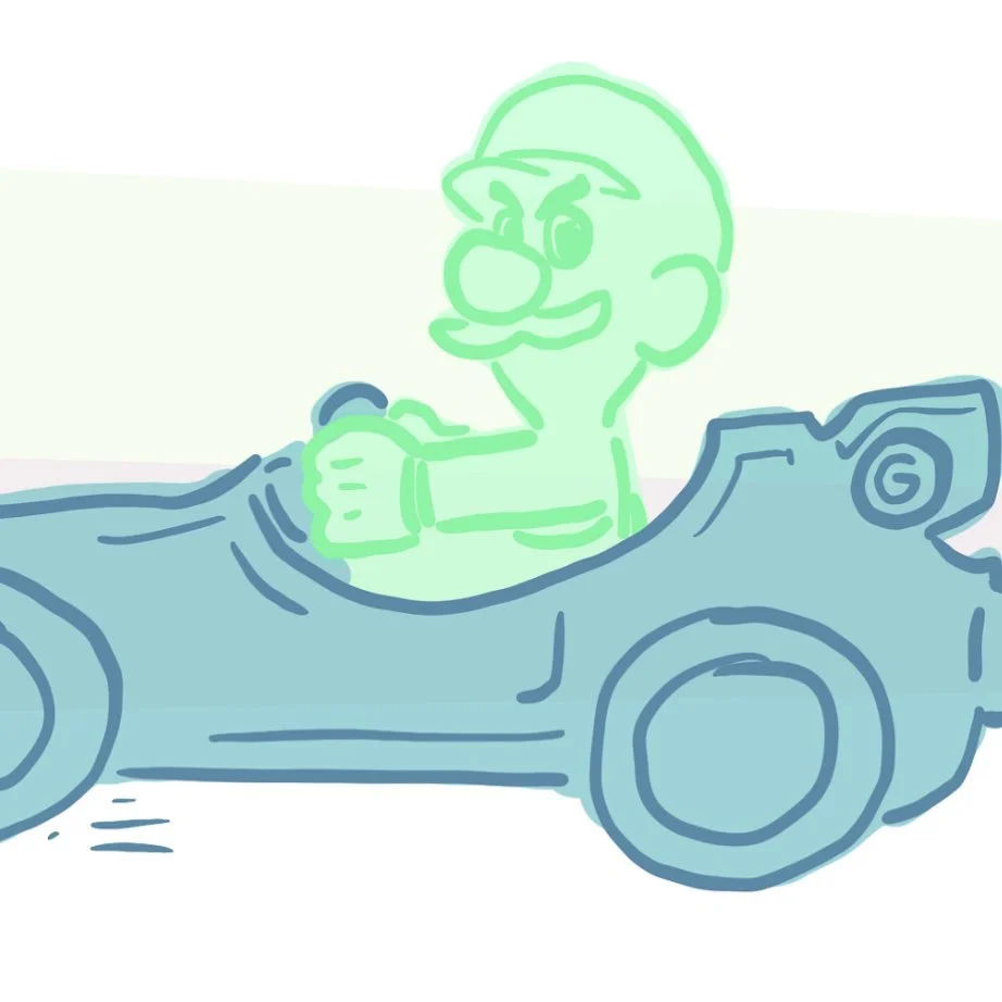 A minimalist fan doodle capturing Luigi's classic death-stare expression behind the wheel.