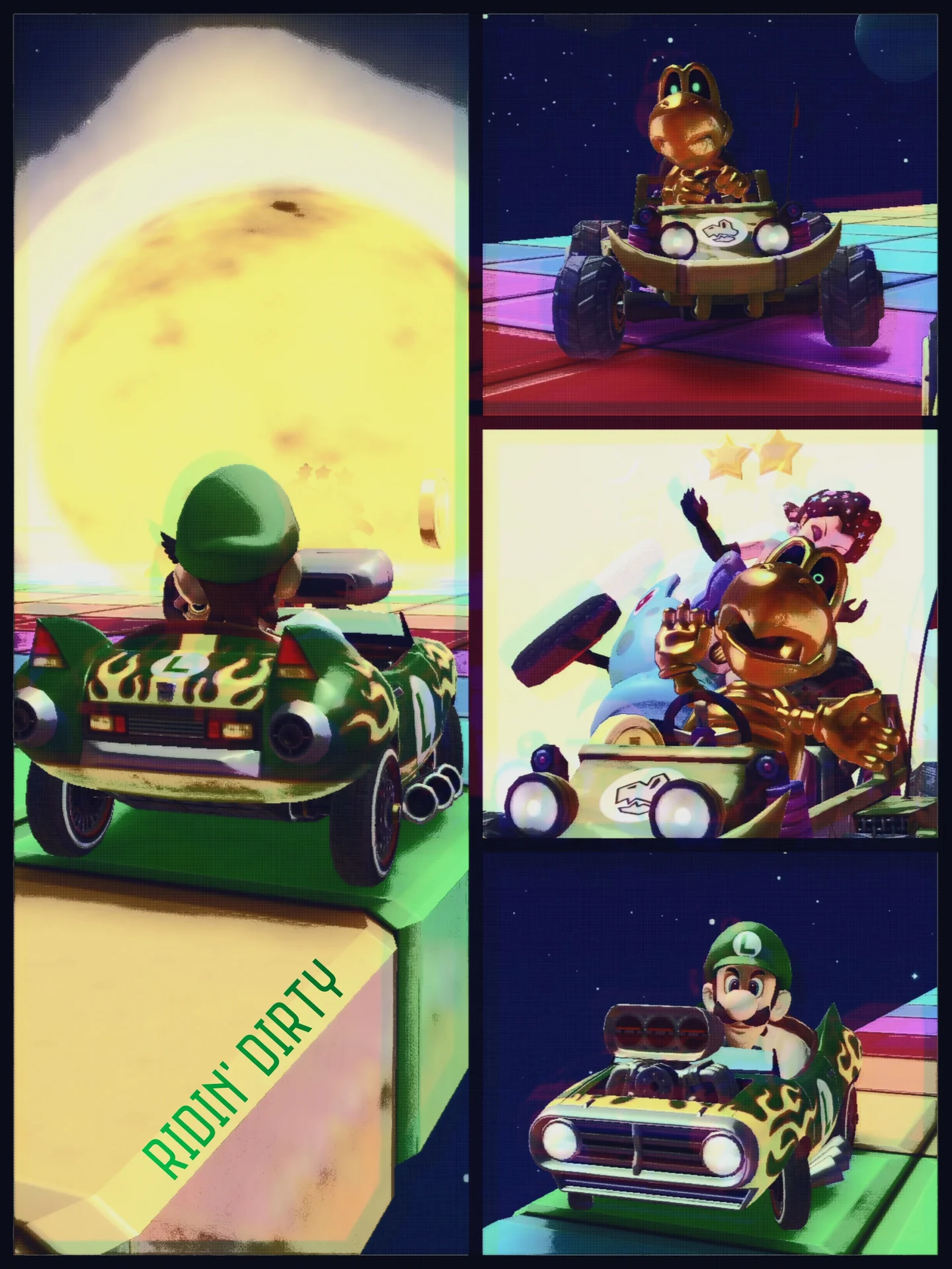 A fan-made comic collage riffing on Luigi's savage kart antics with a 'Ridin' Dirty' theme.