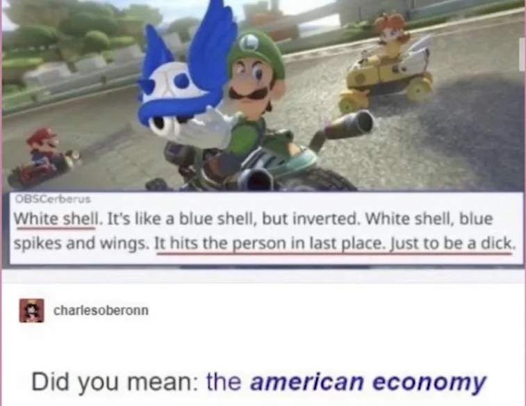 A Tumblr post using a Mario Kart 8 white-shell gag to riff on Luigi's misfortune, extending the death-stare humor.