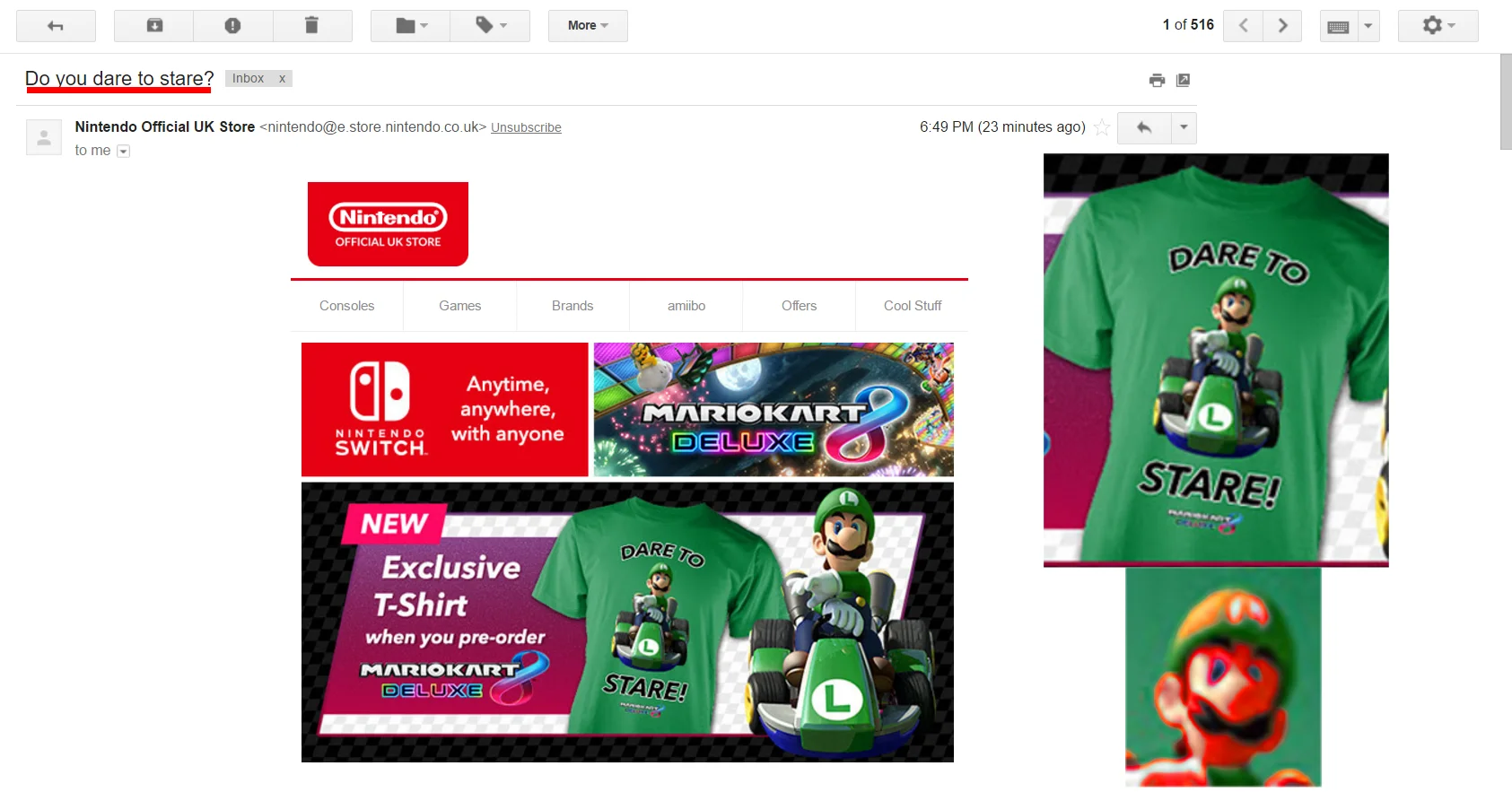 Nintendo UK's official email promoting a 'Dare to Stare' Luigi T-shirt, showing how the meme was embraced in official merchandise.