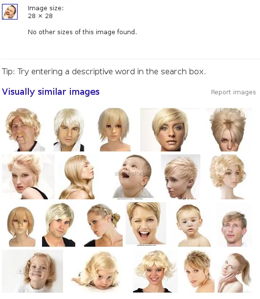 Reverse image search results humorously matching the tiny LUL emote to a page of blonde hairstyle photos.