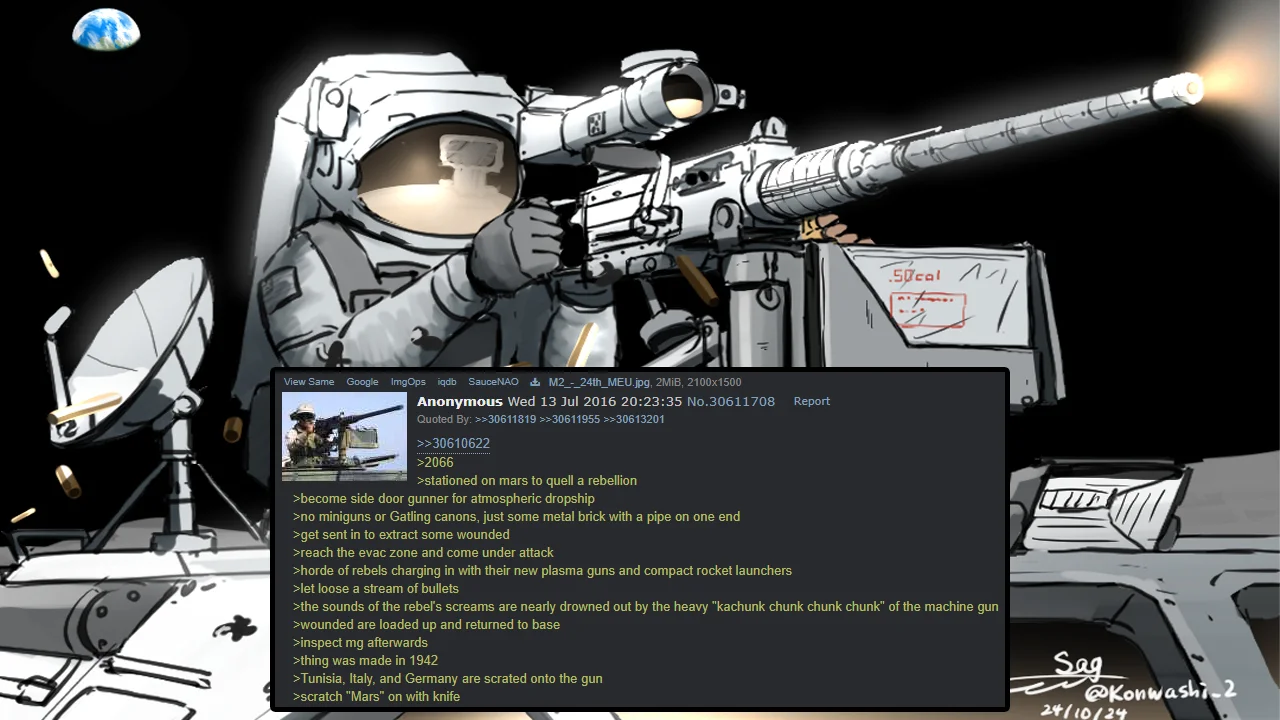 Banner image combining Konwashi_2's astronaut-with-M2-Browning artwork and the original 4chan greentext copypasta that launched the meme.