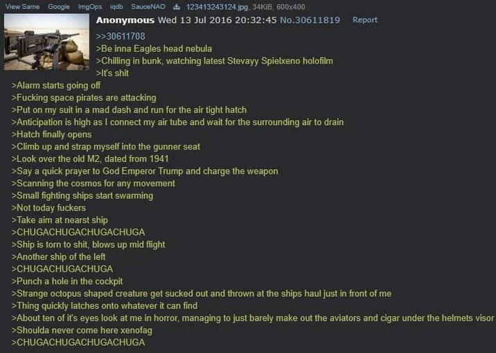 The original anonymous 4chan post from July 13, 2016 that established the M2 Browning in space copypasta.