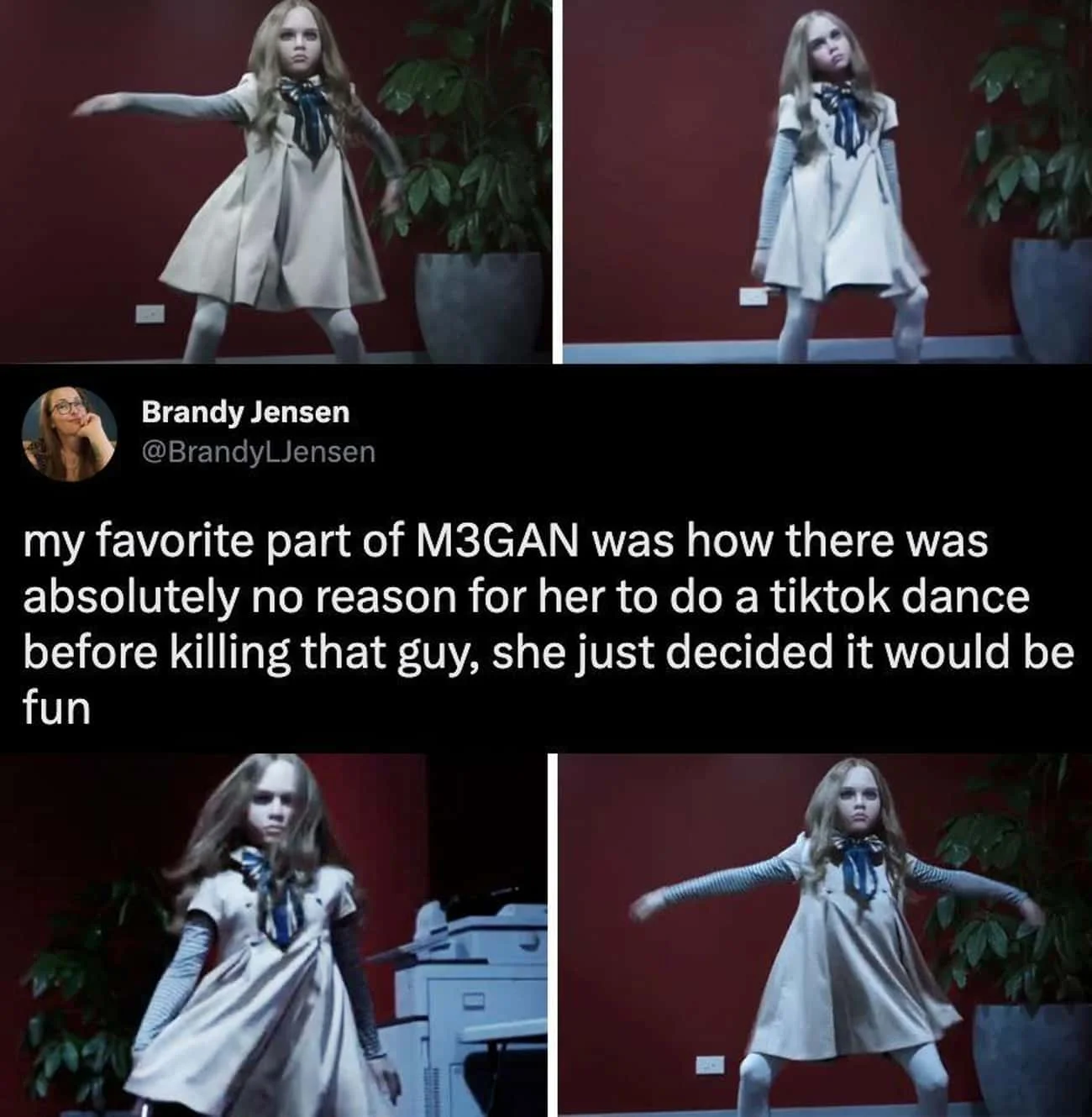 Twitter post about M3GAN's iconic viral dance.