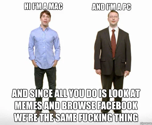A cartoon likening PC repairability to a simple oil-filter swap versus the Apple ethos of buying an entirely new machine.