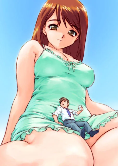 A canonical anime-style depiction of the macrophilia/microphilia fantasy: a towering girl with a miniature man perched on her leg.