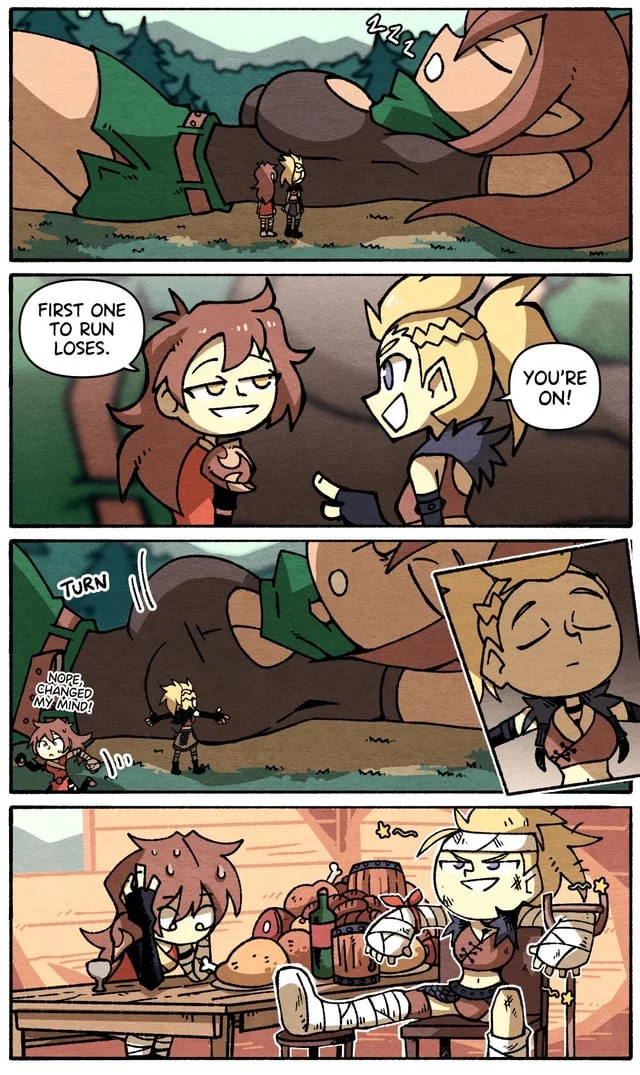 A humorous chibi-style comic playing on the macrophilia trope of tiny characters interacting with a slumbering giantess.