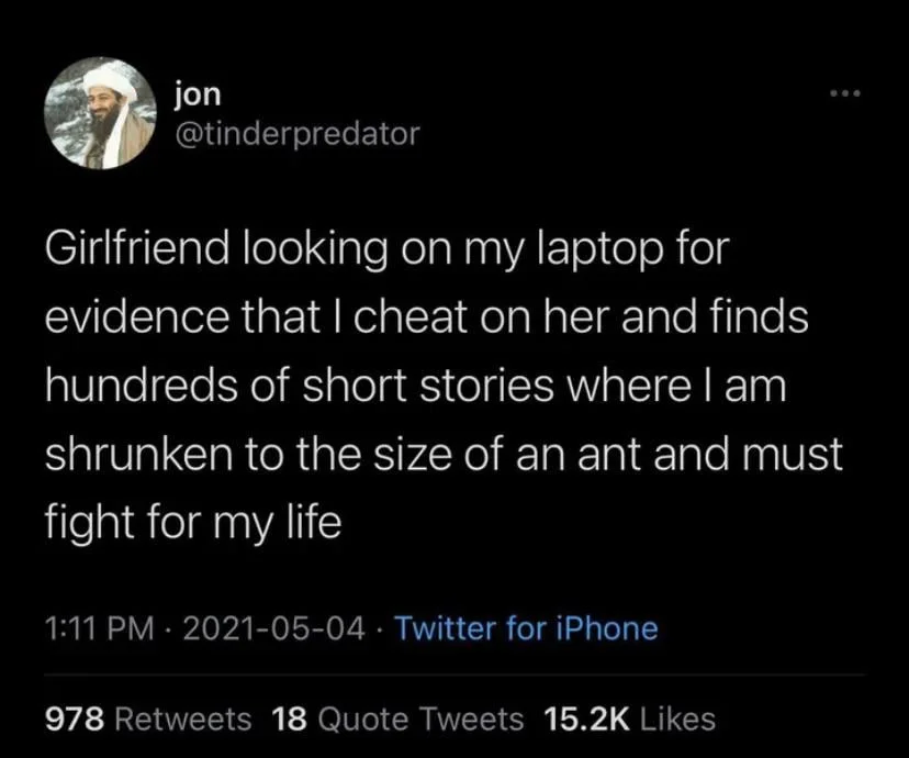 A viral 2021 tweet joking about a stash of microphilia shrinking-fiction, one of the meme's most-shared references.