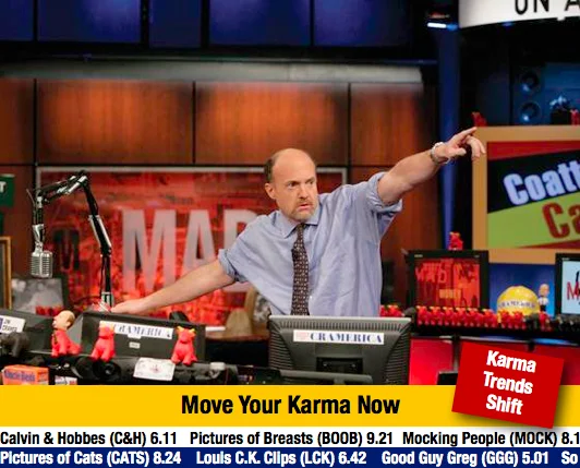 The original 'Mad Karma with Jim Cramer' image macro template, parodying CNBC's Mad Money to give ridiculous advice on farming Reddit karma.