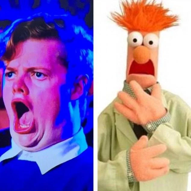 A comparison meme pairing Magikarp Guy with Beaker from The Muppets, noting the resemblance between the two shocked expressions.
