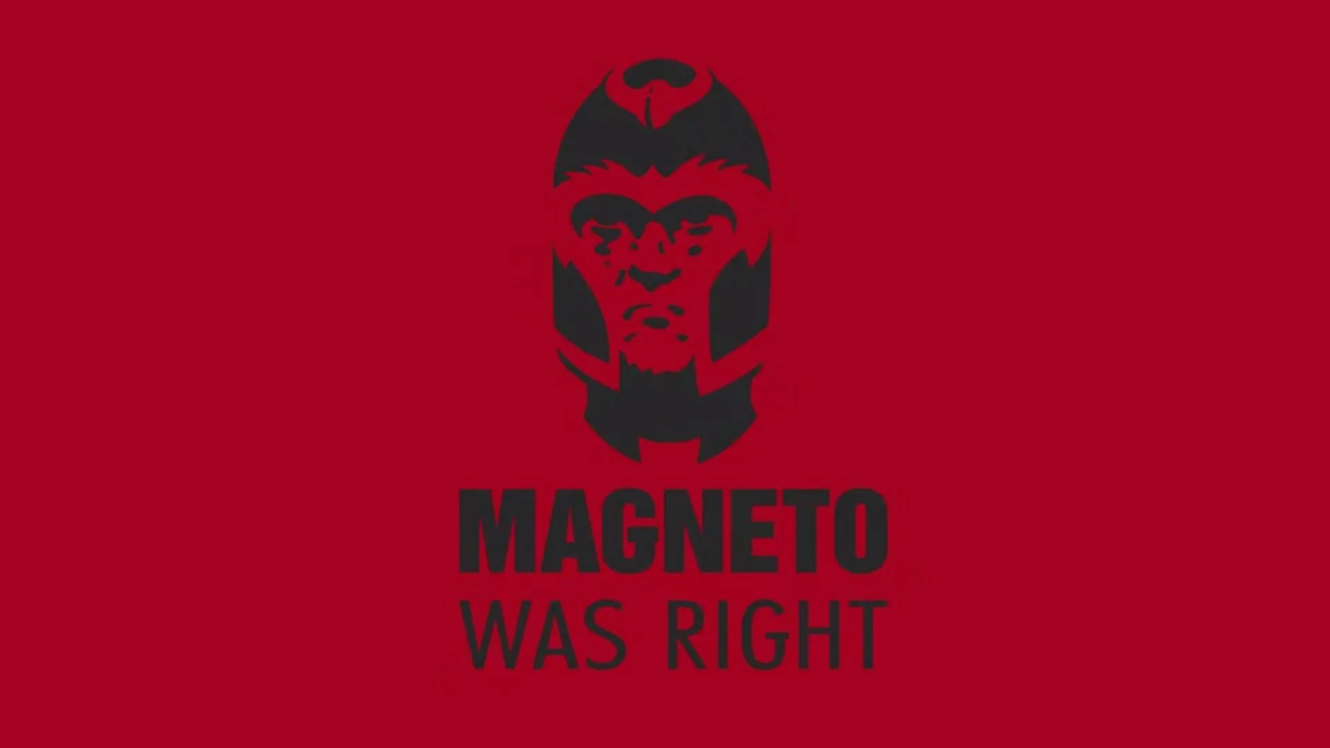 The iconic 'Magneto Was Right' graphic featuring a stylized silhouette of the X-Men villain's helmet.