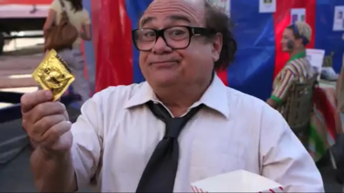 Frank Reynolds (Danny DeVito) holds up the 'monster condom' in the It's Always Sunny in Philadelphia scene that spawned the 'magnum dong' meme.