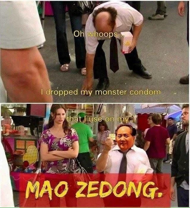 A two-panel remix of the Frank Reynolds quote replaces 'magnum dong' with a Mao Zedong pun.