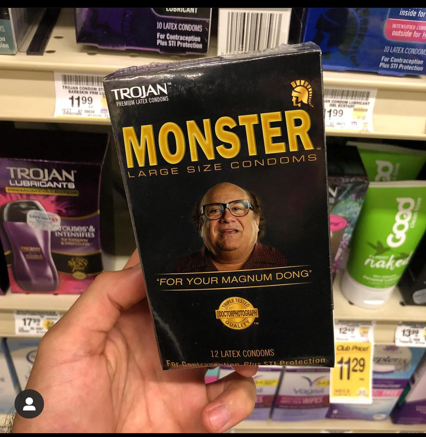 A viral Photoshop places Danny DeVito on a Trojan 'Monster' condom box with the tagline 'For Your Magnum Dong'.