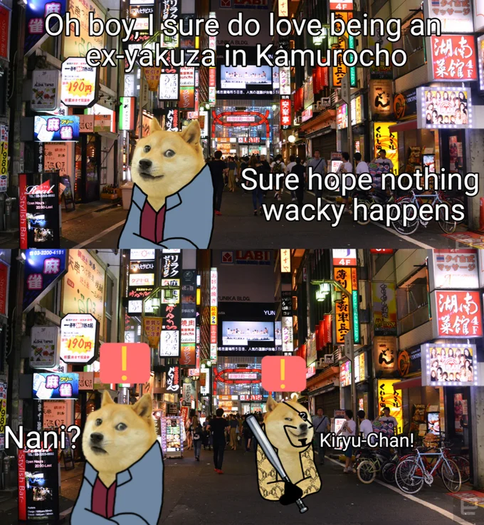 Doge meme format capturing Majima ambush loop.
