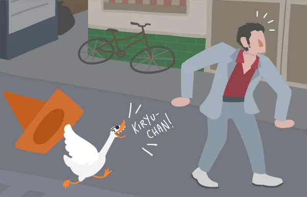 Goose wearing Majima's hat chasing Kiryu.