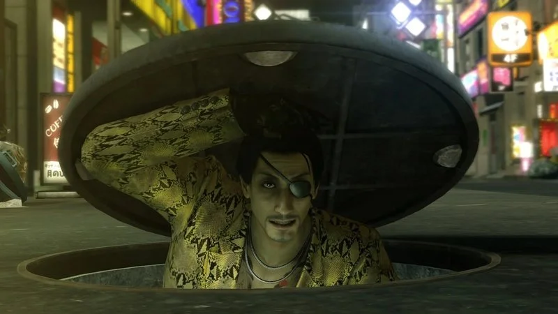 Majima emerging in vivid Kamurocho nightscape.
