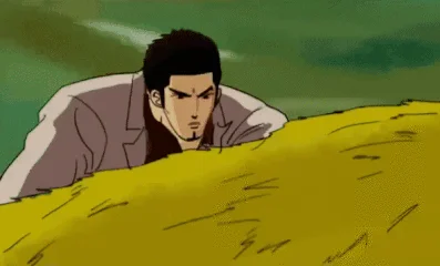 Anime character lurking on hillside.